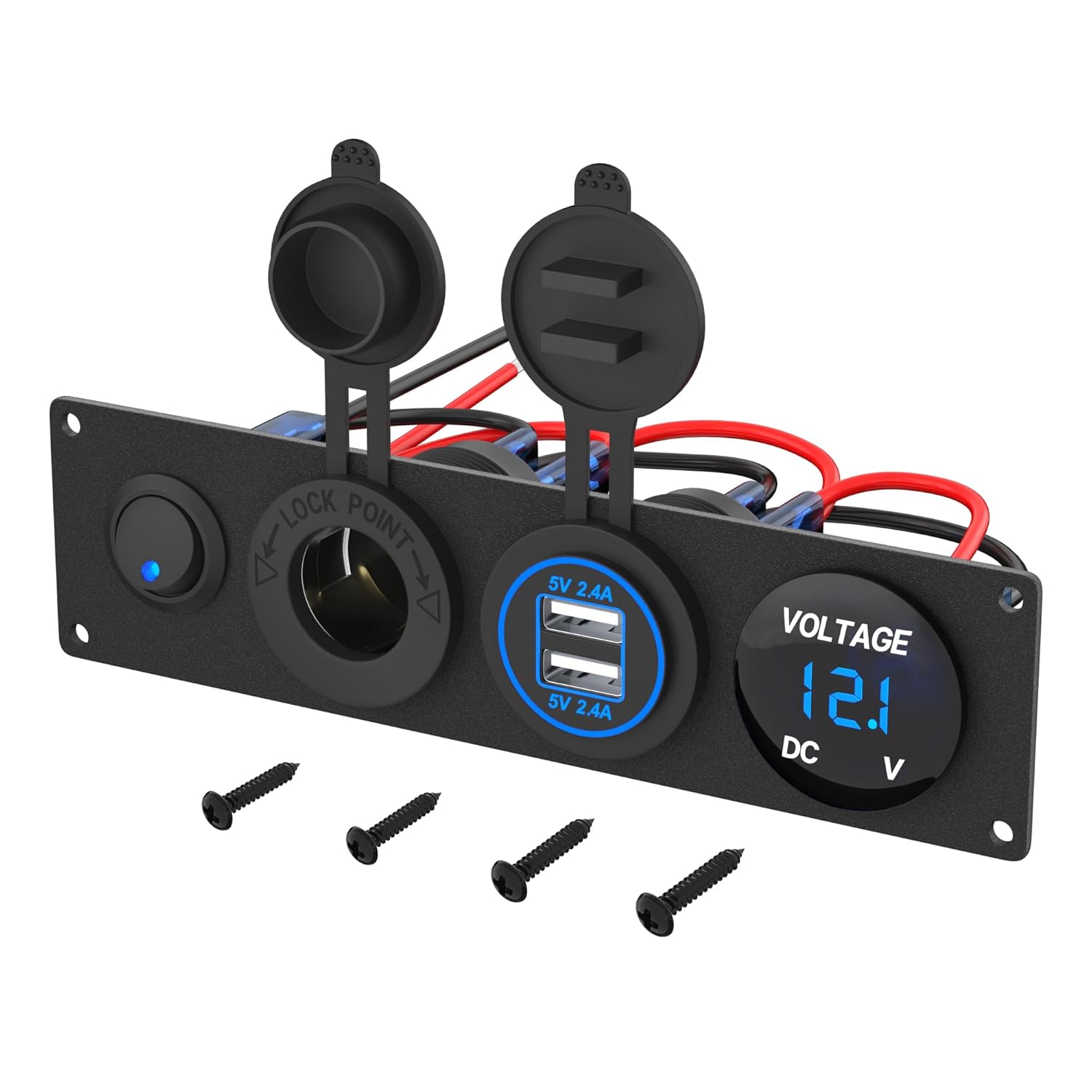 RVMARINEPAT 4 in 1 Charger Outlet Socket Panel 12V DC 4.8A Dual USB Power Outlet & 12 Volt Cigarette Lighter Socket & LED Voltmeter & Lighted ON\/Off Rocker Toggle Switch for Marine Boat Truck RV Car